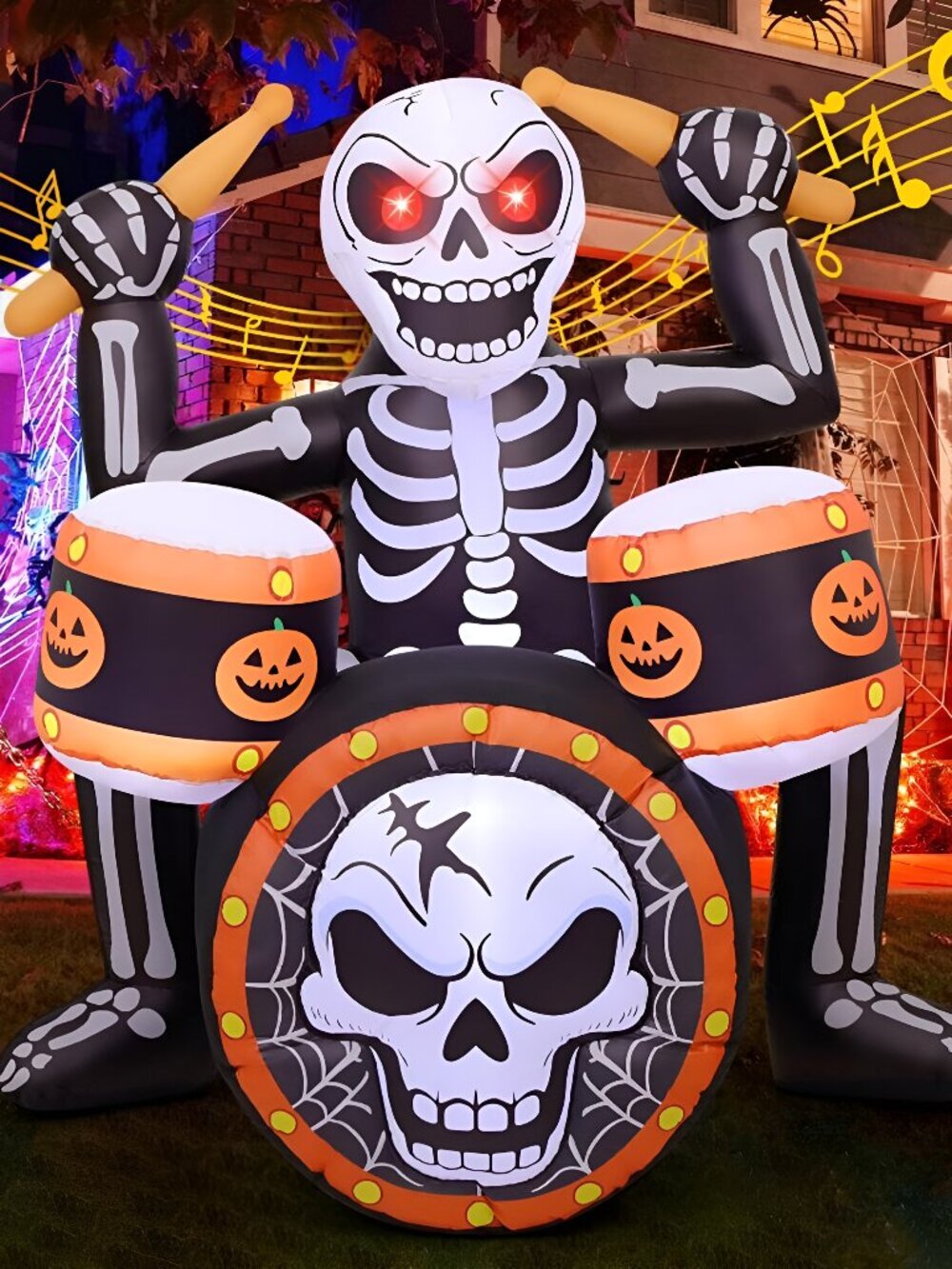 5 FT Halloween Inflatable Rock Skeleton with Music, Built-in LED Lights, Blow Up